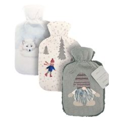 Festive Hot Water Bottles With Printed Plush Sherpa Reverse Cover - Assorted Designs AST231797