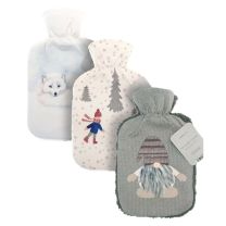 Festive Hot Water Bottles With Printed Plush Sherpa Reverse Cover - Assorted Designs 