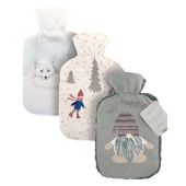 Festive Hot Water Bottles With Printed Plush Sherpa Reverse Cover - Assorted Designs